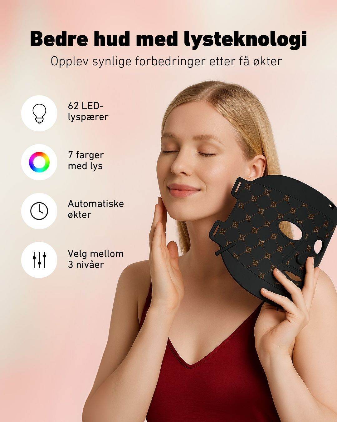 Kvinne med blondt hår og rød topp smiler med lukkede øyne mens hun holder en svart LED-lysterapimaske.  ‘Bedre hud med lysteknologi’ med produktfordeler: 62 LED-lyspærer, 7 farger med lys, automatiske økter og 3 intensitetsnivåer.
