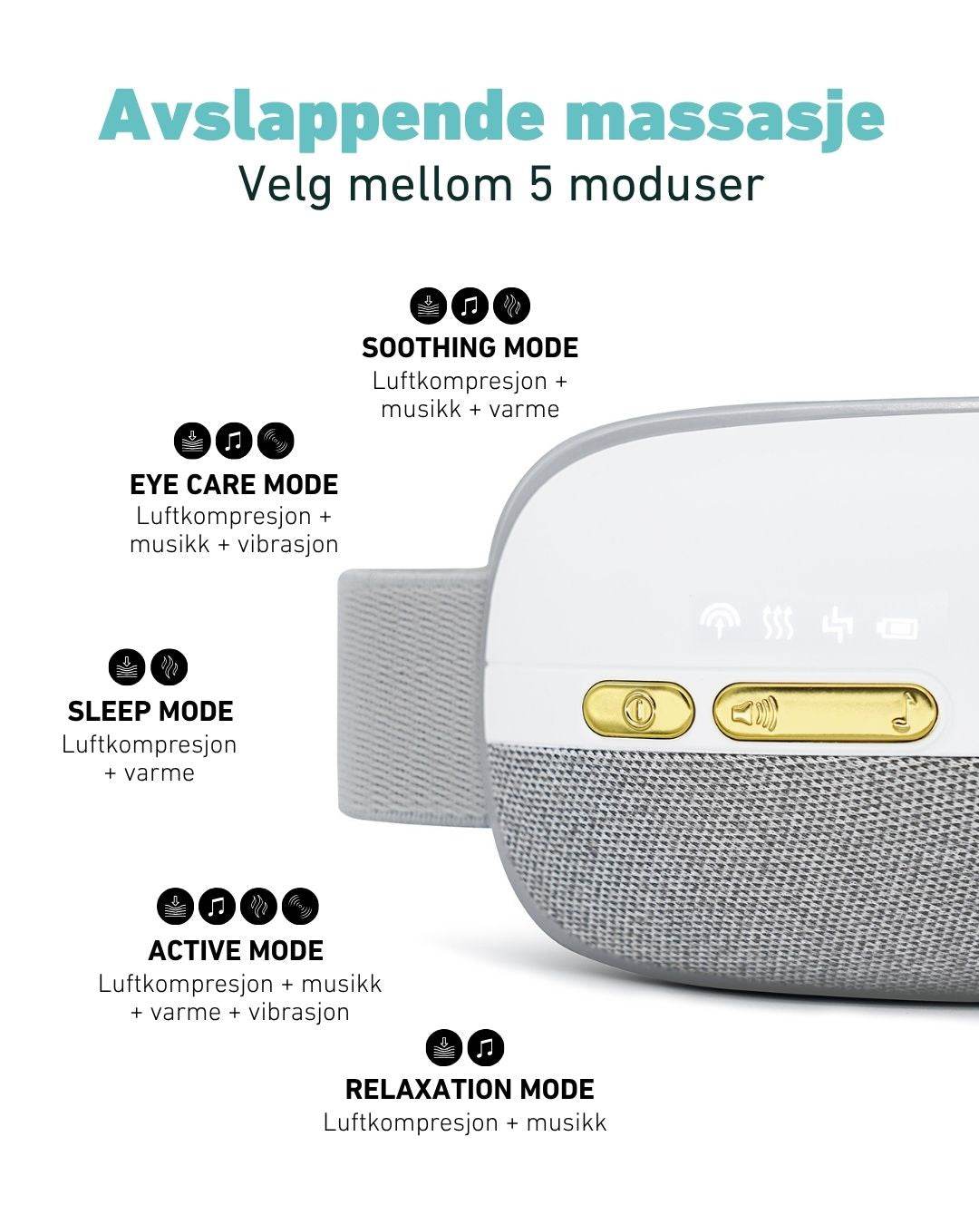 SKG massasjeøymaske med 5 moduser for hodepine og avslapning – velg mellom luftkompresjon, varme, musikk og vibrasjon.