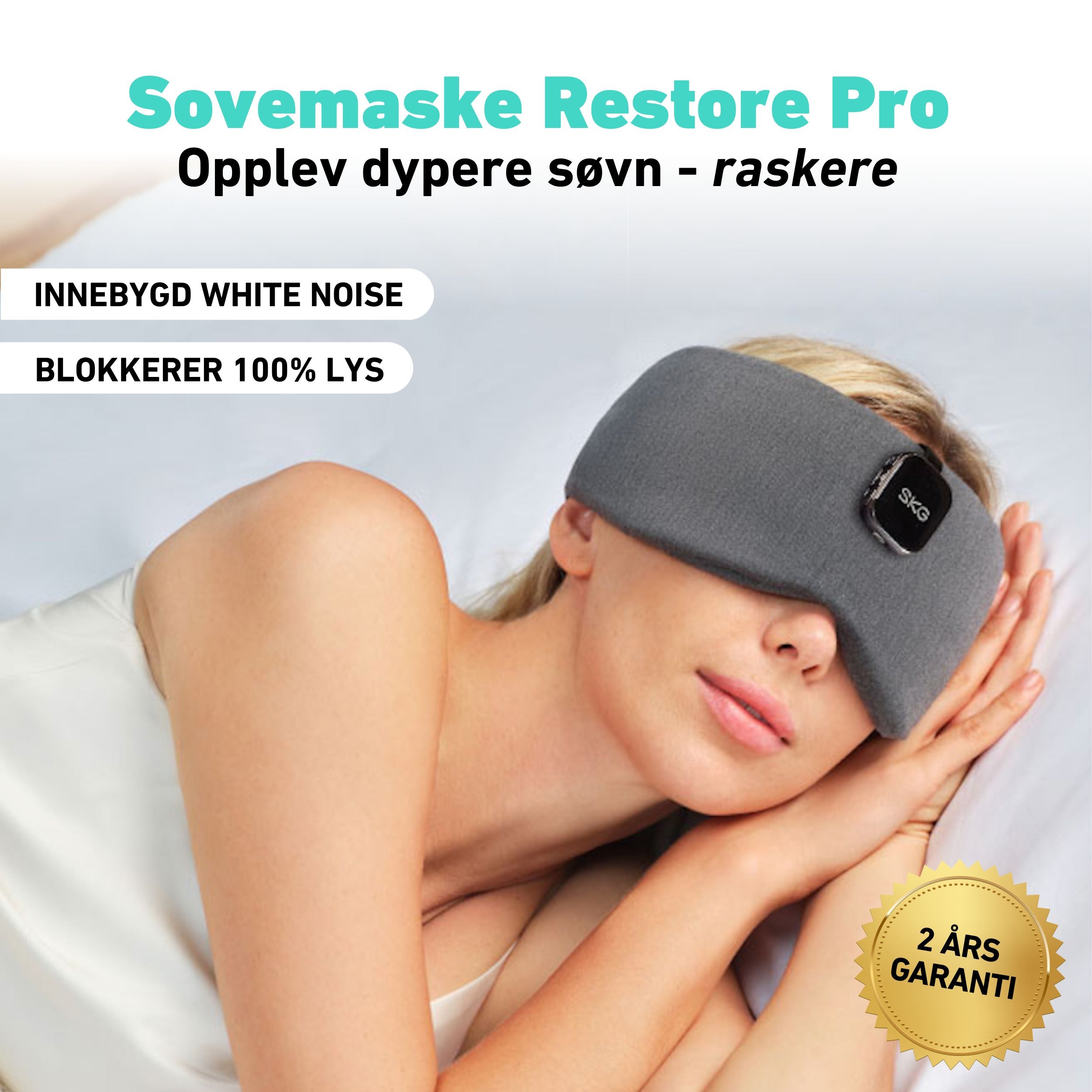 Kvinne med Sovemaske Restore Pro som blokkerer lys under søvn.