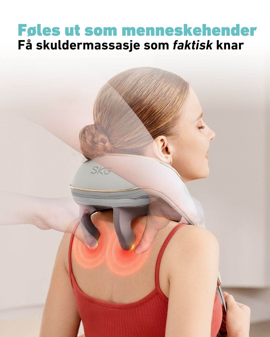 SKG H5 massasjeapparat med varme og 3D-knading som etterligner menneskehender for en dyp, ektefølt skuldermassasje hjemme.