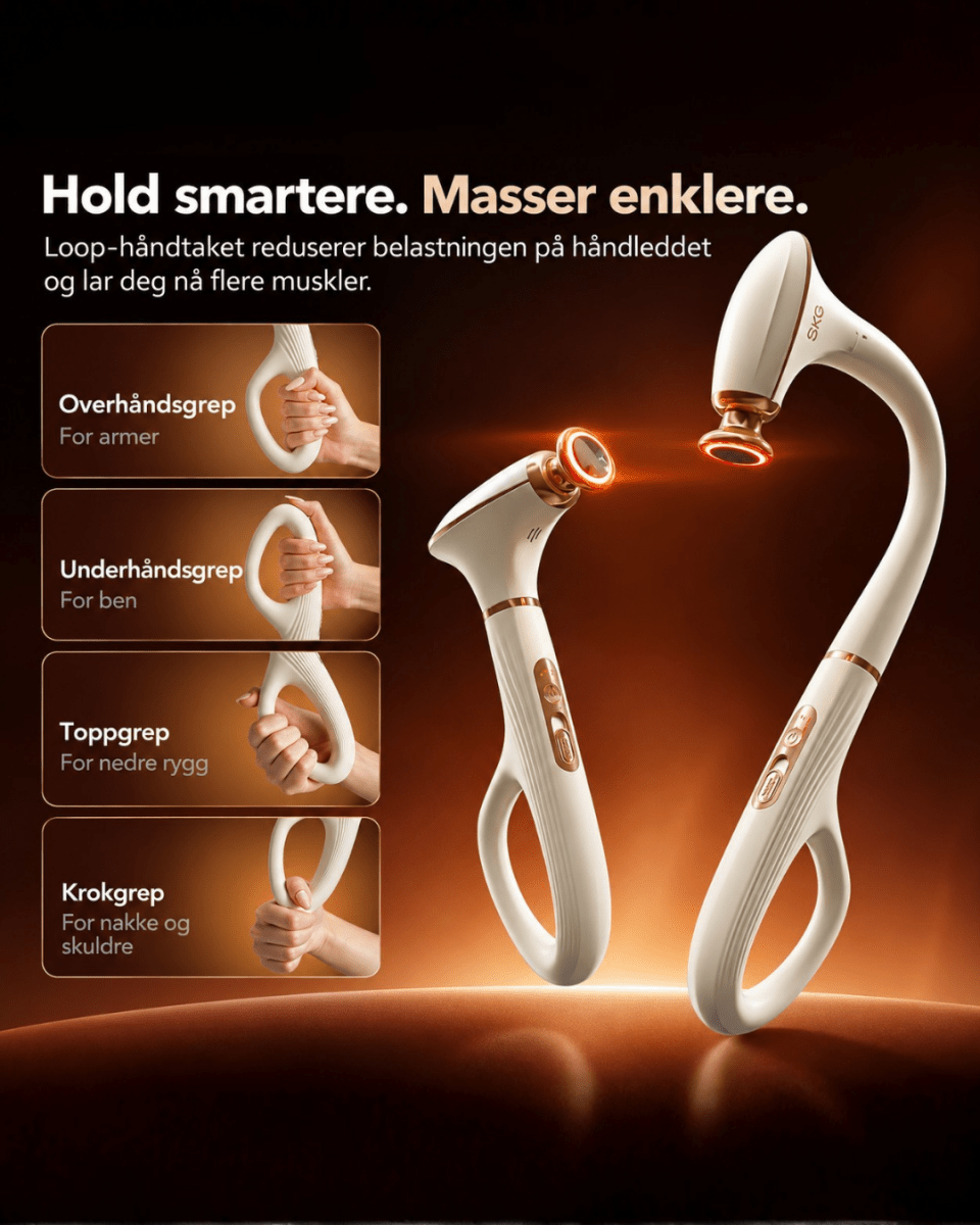 SKG massasjeapparat med ergonomisk loop-håndtak og flere grep for massasje av armer, ben, nedre rygg, nakke og skuldre.
