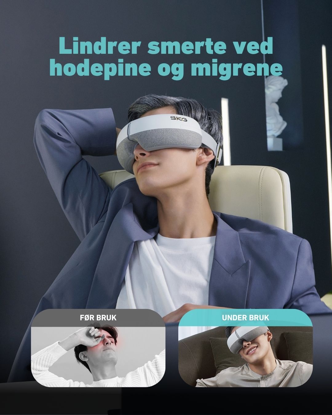 Før og etter bruk av SKG massasje-øyemaske for hodepine og migrene, viser synlig lindring og avslapning under bruk.