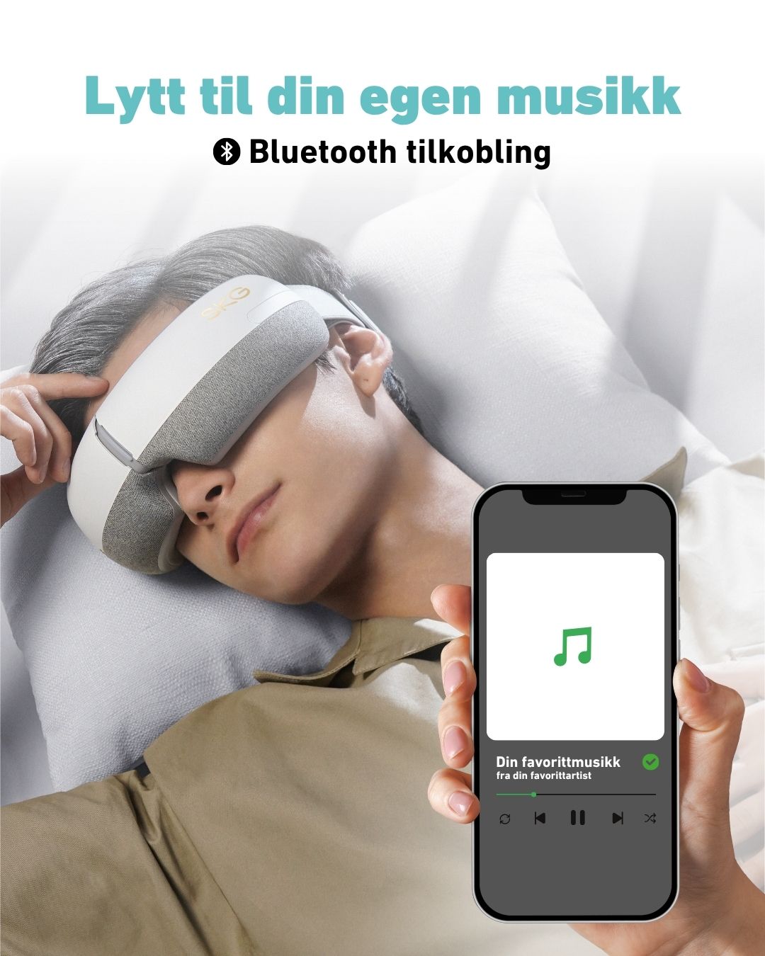 SKG øyemaske koblet til mobil via Bluetooth, lar deg lytte til din egen musikk mens du får massasje mot hodepine.