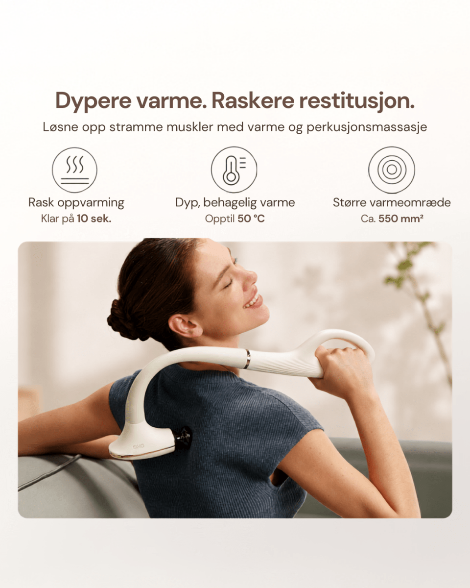 SKG massasjeapparat med varmefunksjon, rask oppvarming på 10 sekunder, opptil 50 °C varme og større varmeområde for muskelrestitusjon.