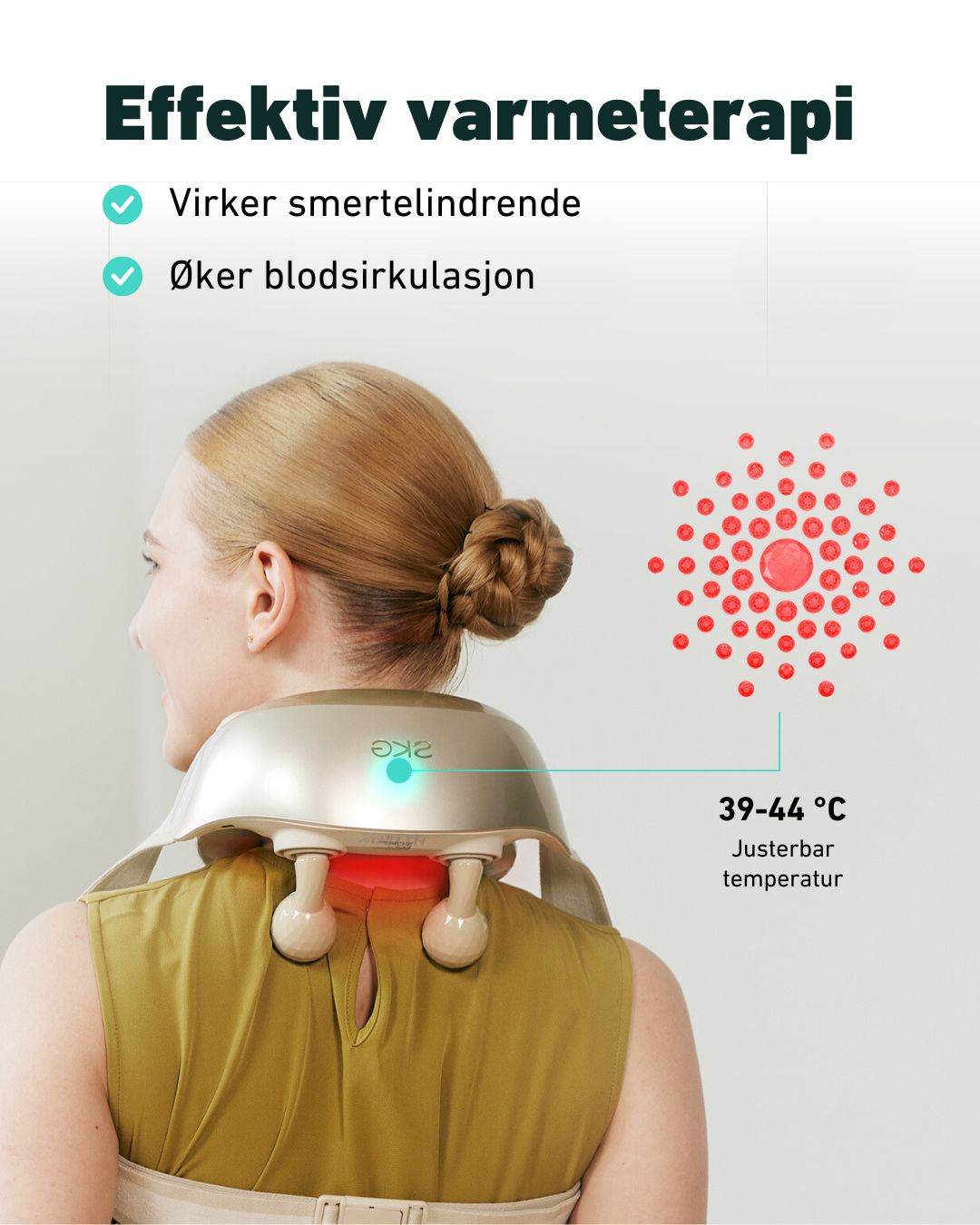 Effektiv varmeterapi som virker smertelindrende og øker blodsirkulasjon. Justerbar temperatur mellom 39-44 grader.