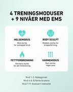 4 treningsmoduser samt 9 nivåer med EMS. Fettforbrenning og varmemodus