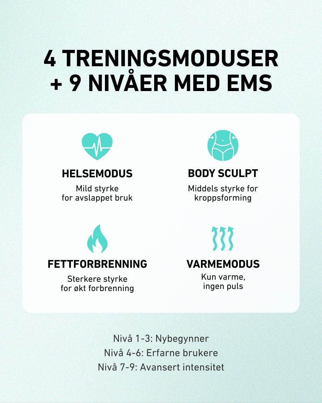4 treningsmoduser samt 9 nivåer med EMS. Fettforbrenning og varmemodus