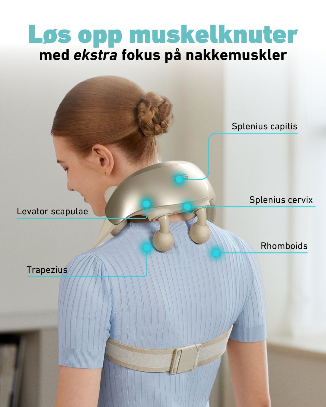 Løs opp muskelknuter med massasjeapparat som treffer splenius capitis, levator scapulae, splenius cervix, trapezius og rhomboids