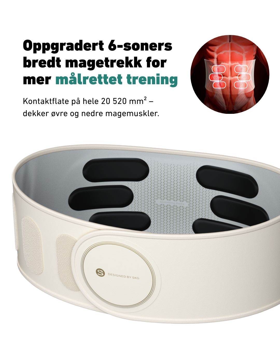 Treningsbelte GS300 med elektroder og justerbare moduser, designet for mageaktivering og avslapping.