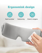 SKG massasjeøymaske med ergonomisk design i mykt kunstlær, hudvennlig materiale og enkel rengjøring med klut.