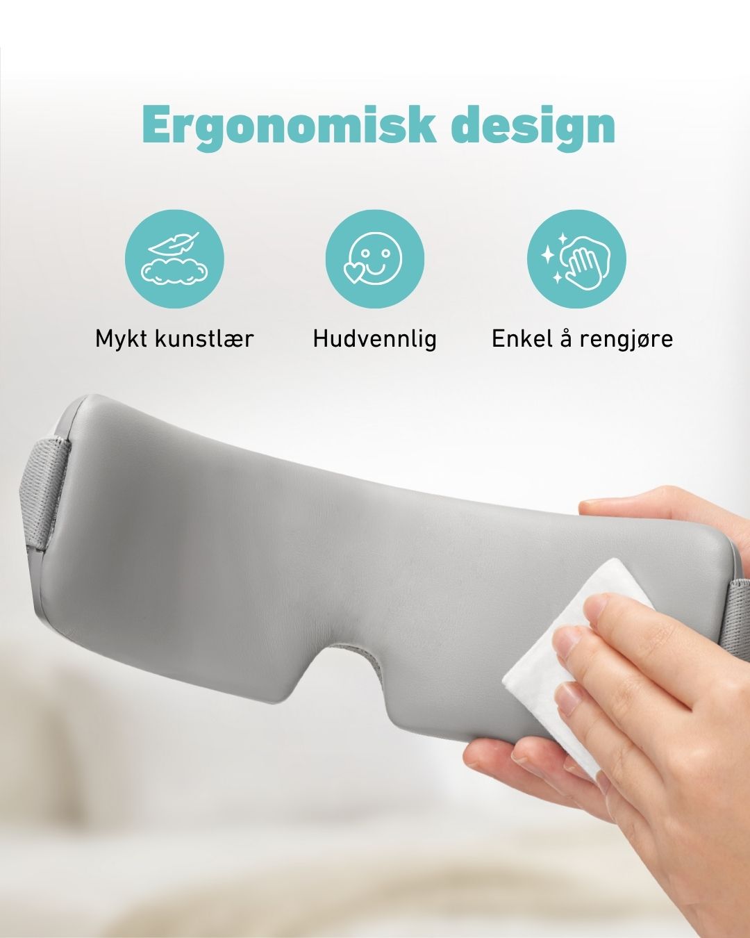 SKG massasjeøymaske med ergonomisk design i mykt kunstlær, hudvennlig materiale og enkel rengjøring med klut.