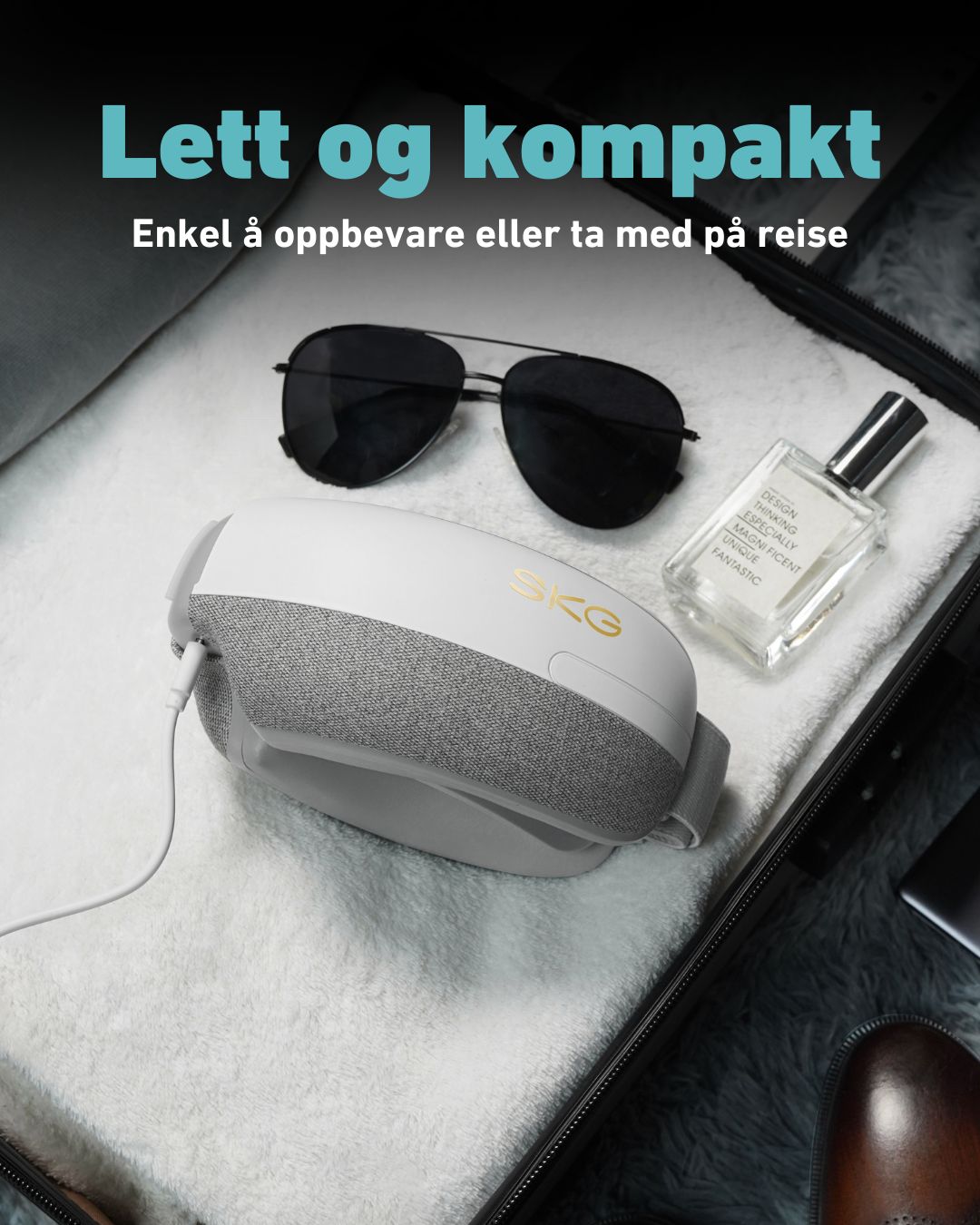 SKG massasjeøymaske for hodepine og migrene i koffert, lett og kompakt design perfekt for reise og oppbevaring.