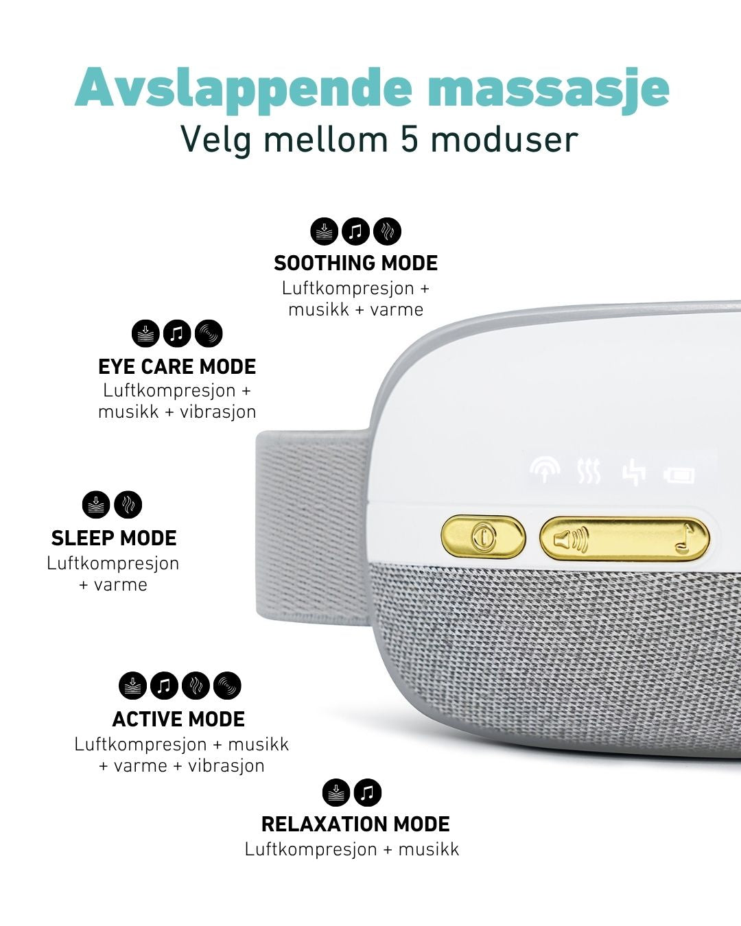SKG massasjeøymaske med 5 moduser for hodepine og avslapning – velg mellom luftkompresjon, varme, musikk og vibrasjon.