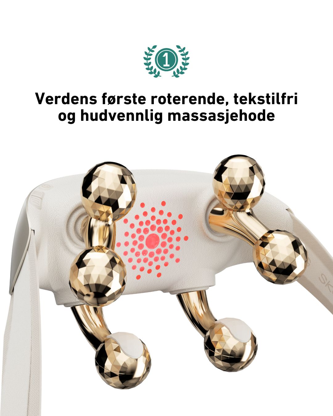 Hudvennlig massasjeapparat med roterende, tekstilfrie massasjehoder og varmefunksjon – ideell for dyp nakkemassasje