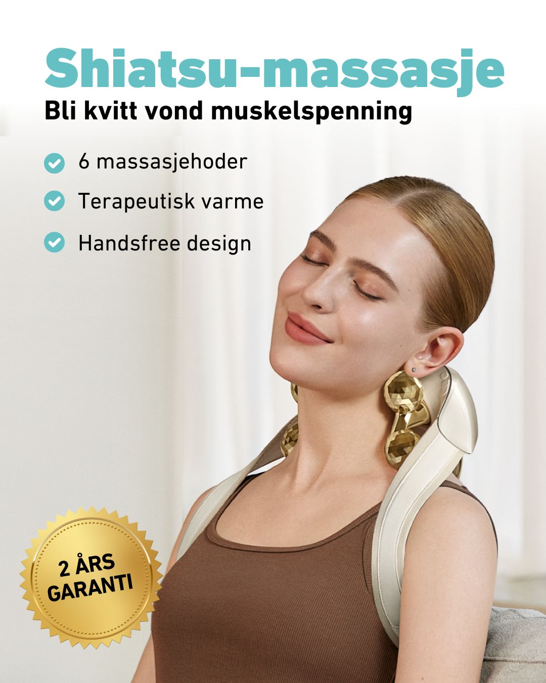 Shiatsu massasje fra SKG med 6 roterende massasjehoder, varmefunksjon og handsfree design – lindrer muskelspenninger i nakke og skuldre. 2 års garanti.