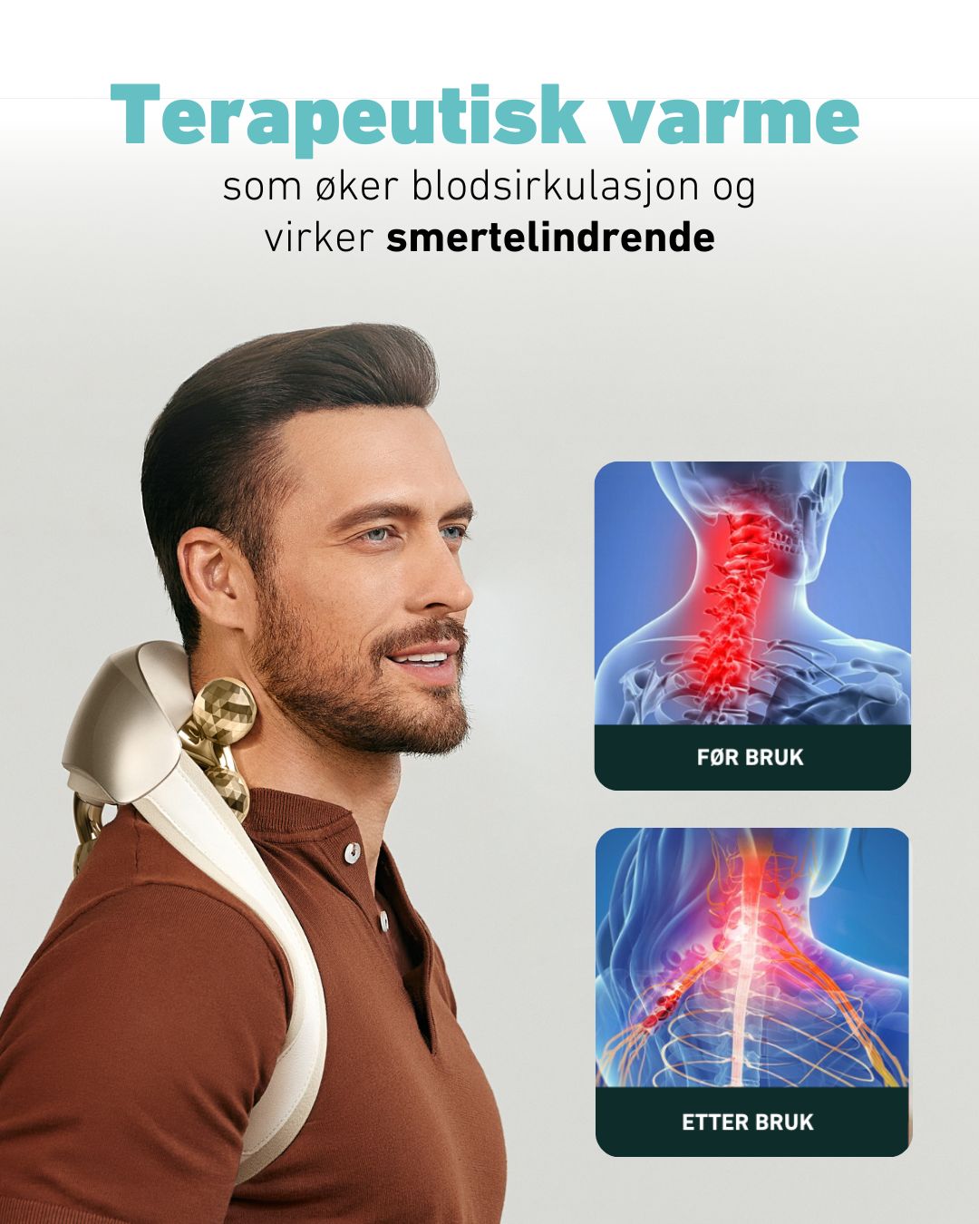 SKG H7 Ultra massasjepute med terapeutisk varme – lindrer nakkesmerter, øker blodsirkulasjonen og gir dokumentert effekt før og etter bruk.