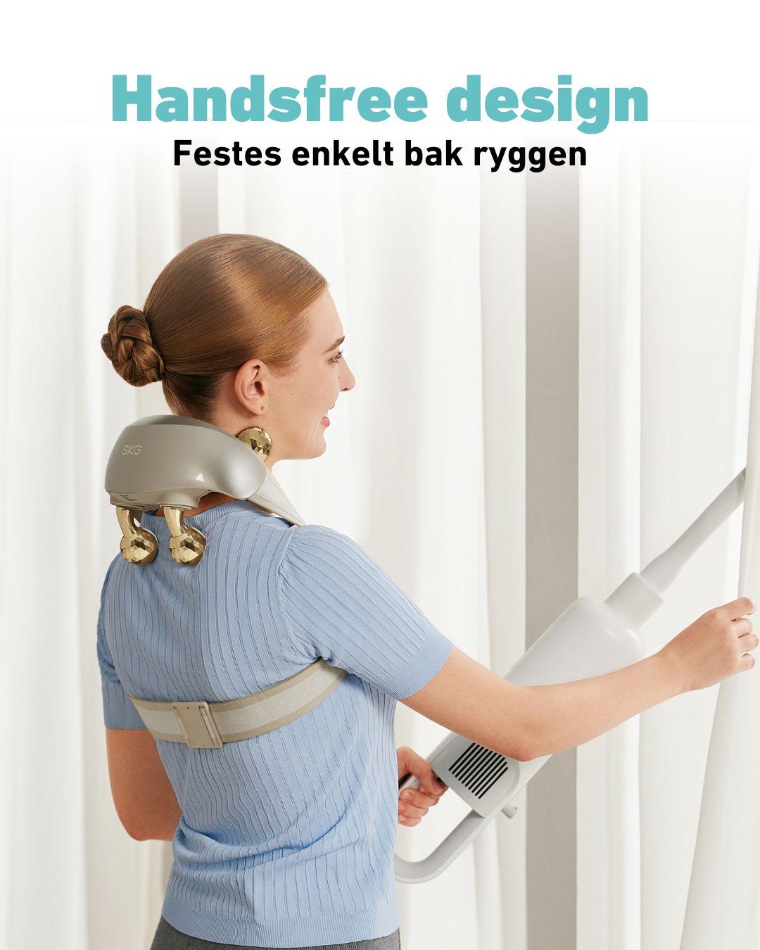 SKG H7 Ultra med handsfree design – festes enkelt bak ryggen for smertefri massasje mens du gjør andre ting