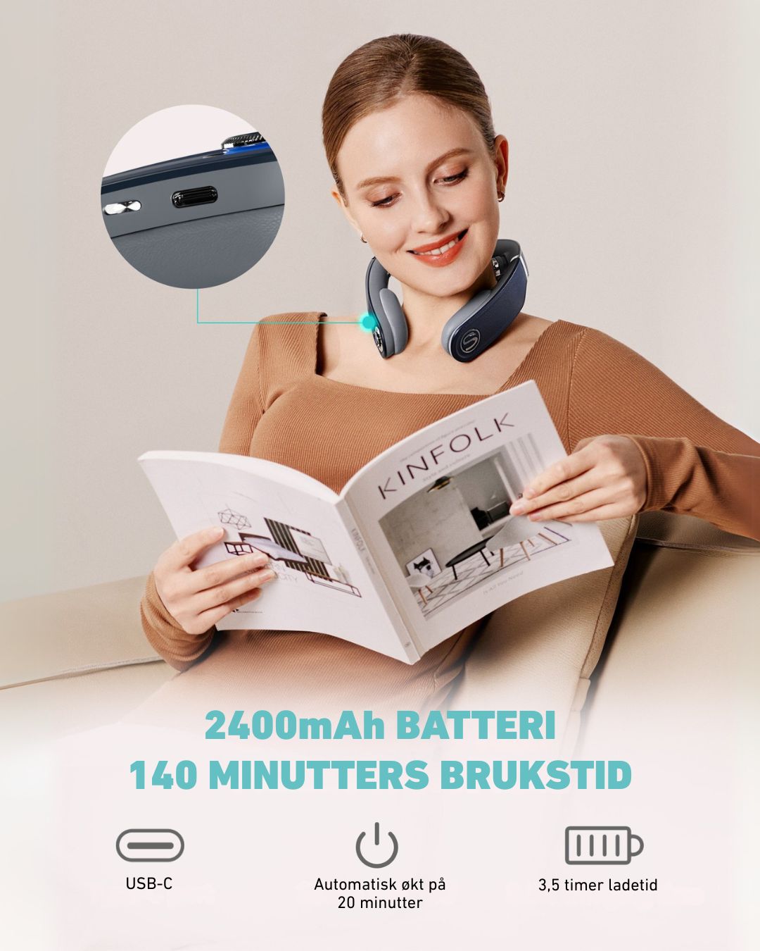 Kvinne leser mens hun bruker SKG G7 Pro Fold massasjeapparat med 2400mAh batteri og 140 minutters brukstid. Viser USB-C-lading, automatisk 20-minutters økt og 3,5 timers ladetid.