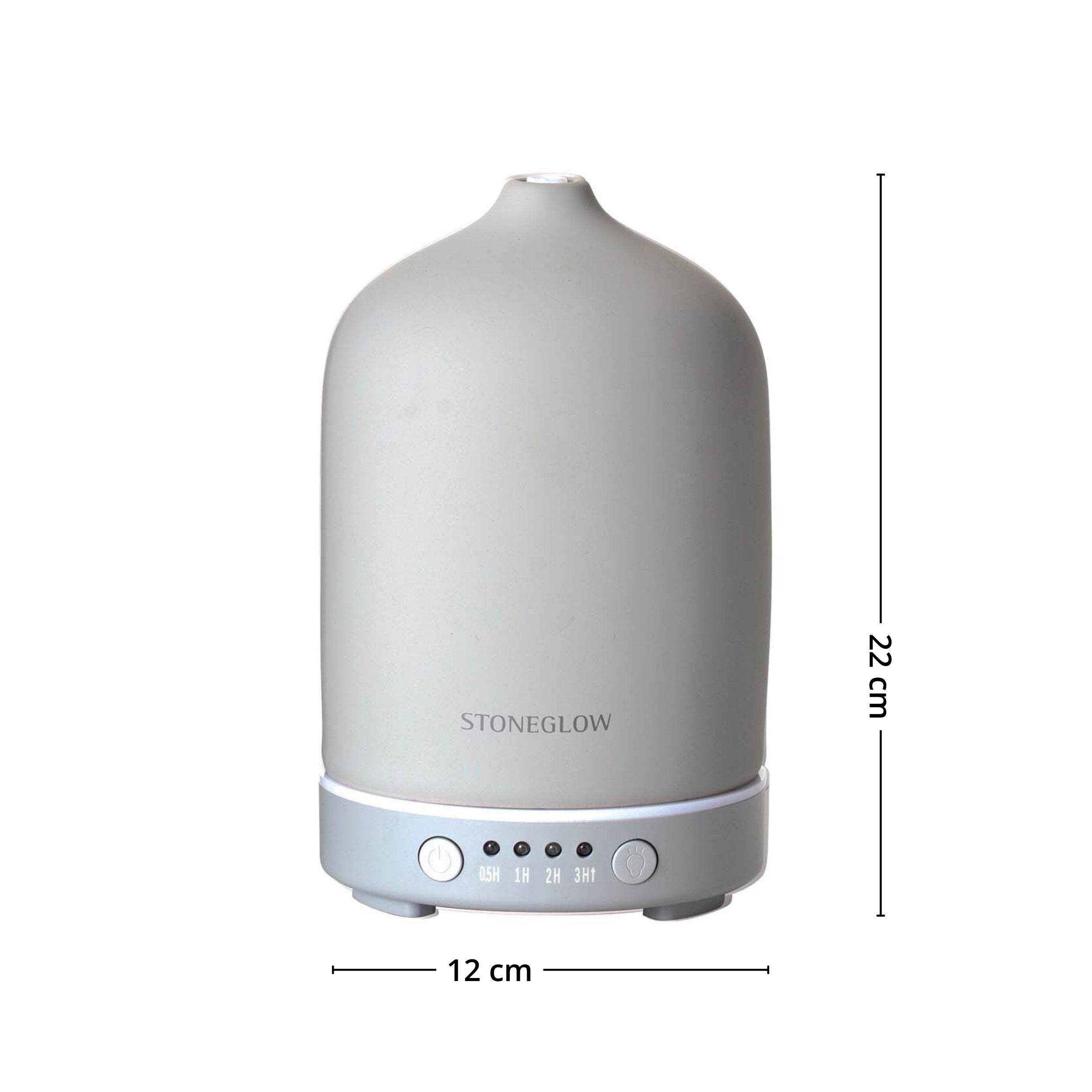 Grå elektrisk aroma diffuser med stilrent uttrykk mot blå bakgrunn.