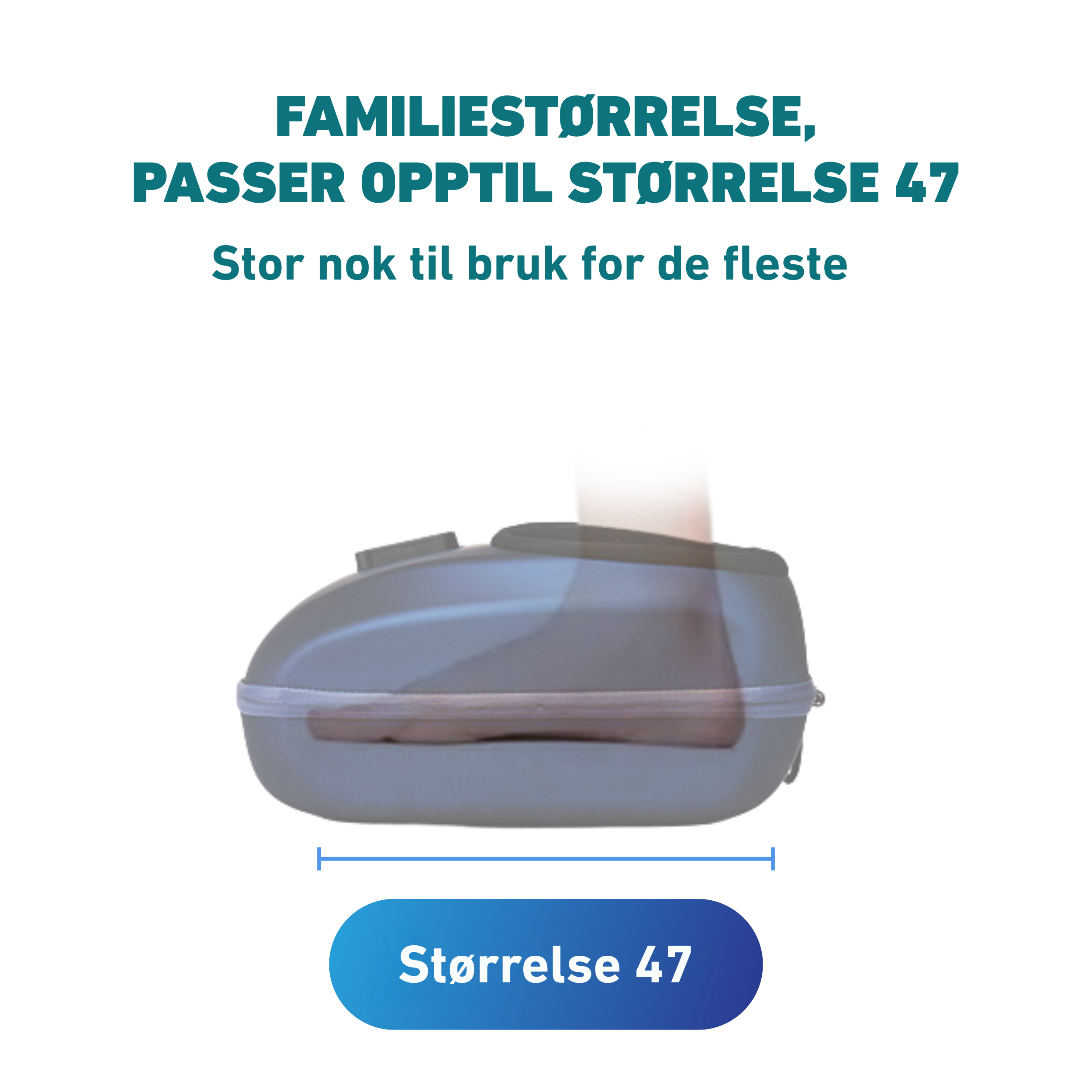 SKG fotmassasjemaskin sett fra siden som viser romslig familienstørrelse, designet for føtter opptil skostørrelse 47, med tydelig illustrasjon av god plass til foten.