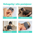 Sovemaske vist i bruk i fire posisjoner: på siden, på ryggen, sittende og på magen, med teksten "Behagelig i alle posisjoner".