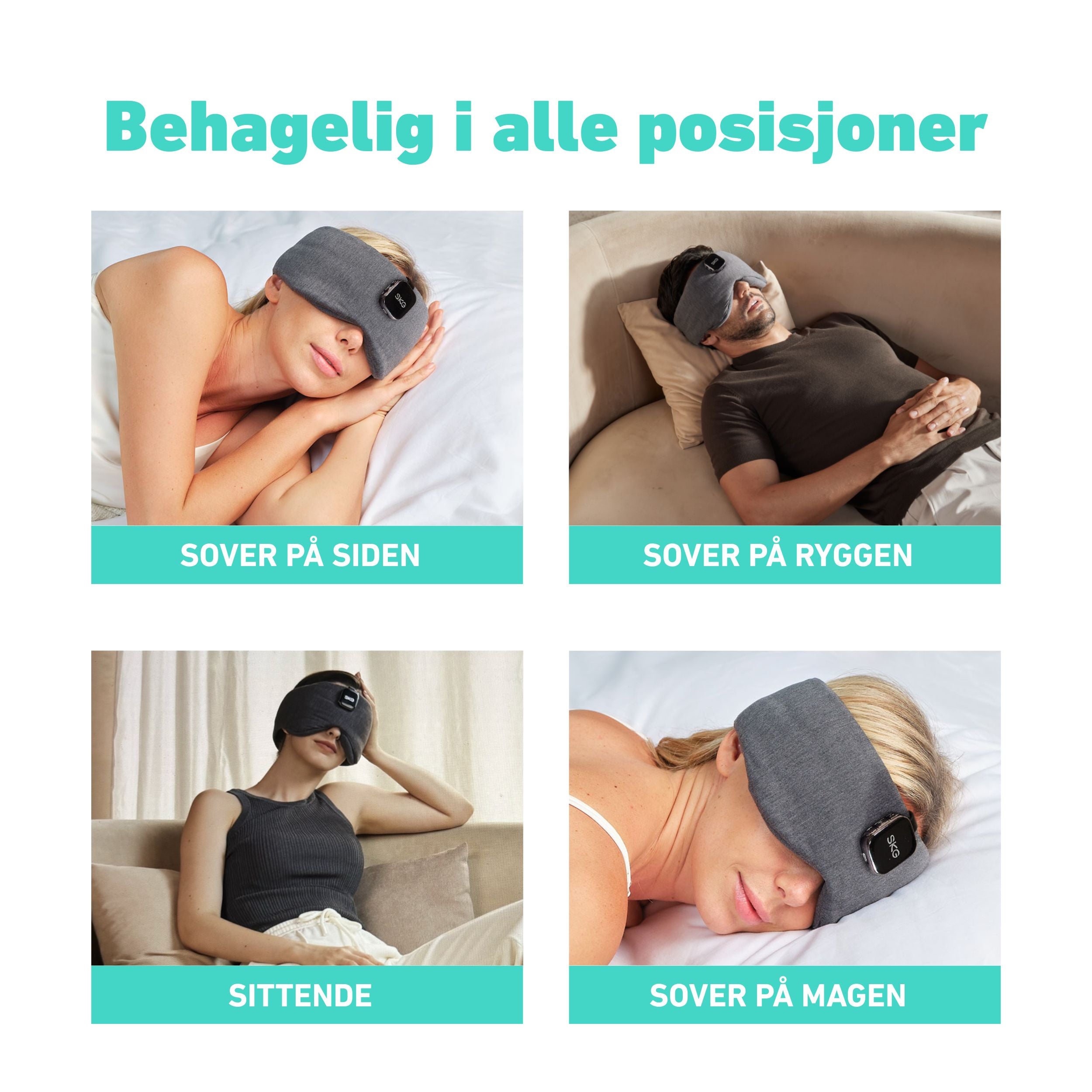 Kvinne med Sovemaske Restore Pro som blokkerer lys under søvn.