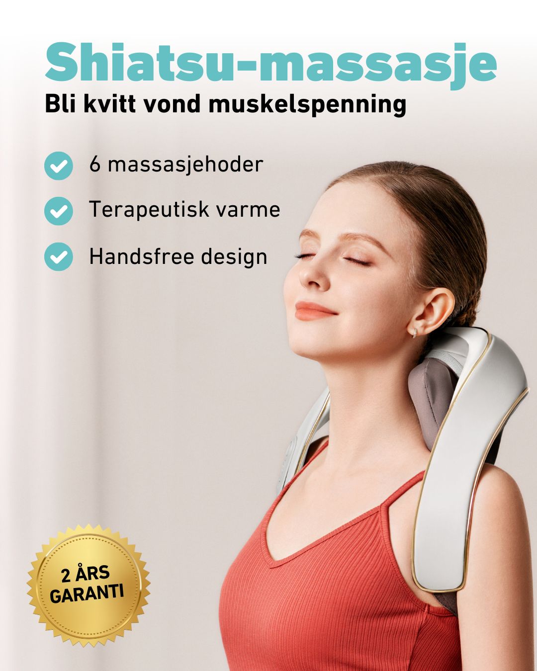 Shiatsu H5 massasjeapparat med 6 knaehoder, varmefunksjon og handsfree design – lindrer muskelspenning med 2 års garanti.