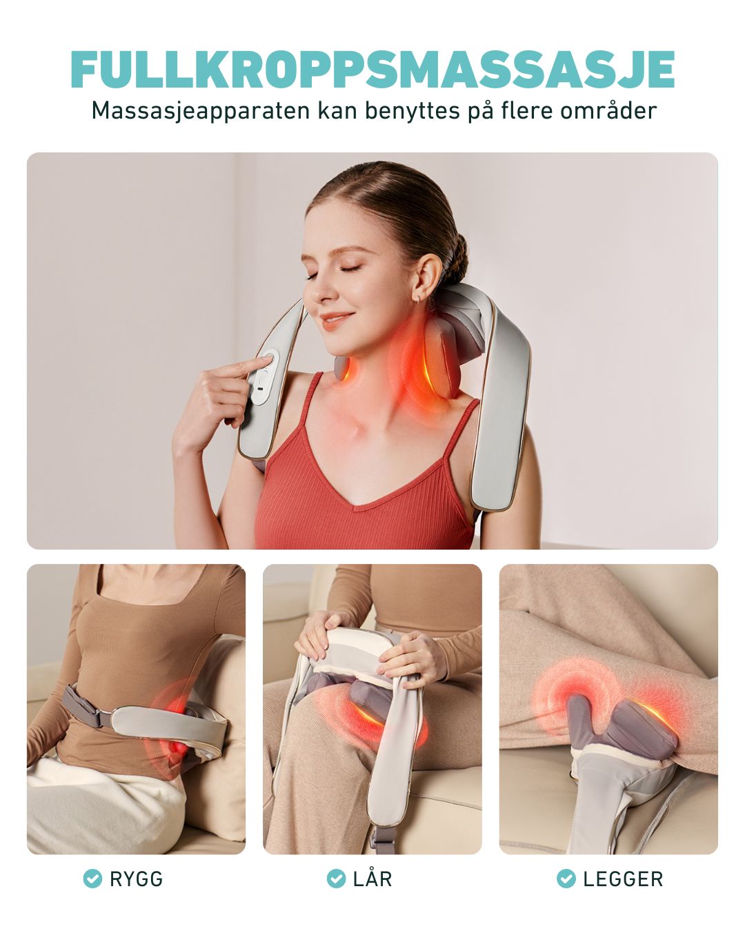 SKG H5 gir fullkroppsmassasje – bruk den på nakke, rygg, lår og legger med varme og knading for effektiv smertelindring over hele kroppen.