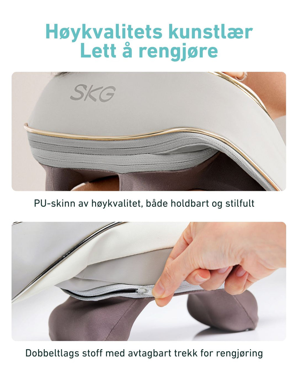 SKG H5 massasjeapparat med slitesterkt PU-skinn og avtagbart trekk – lett å rengjøre med dobbeltlags stoff for bedre hygiene og holdbarhet.