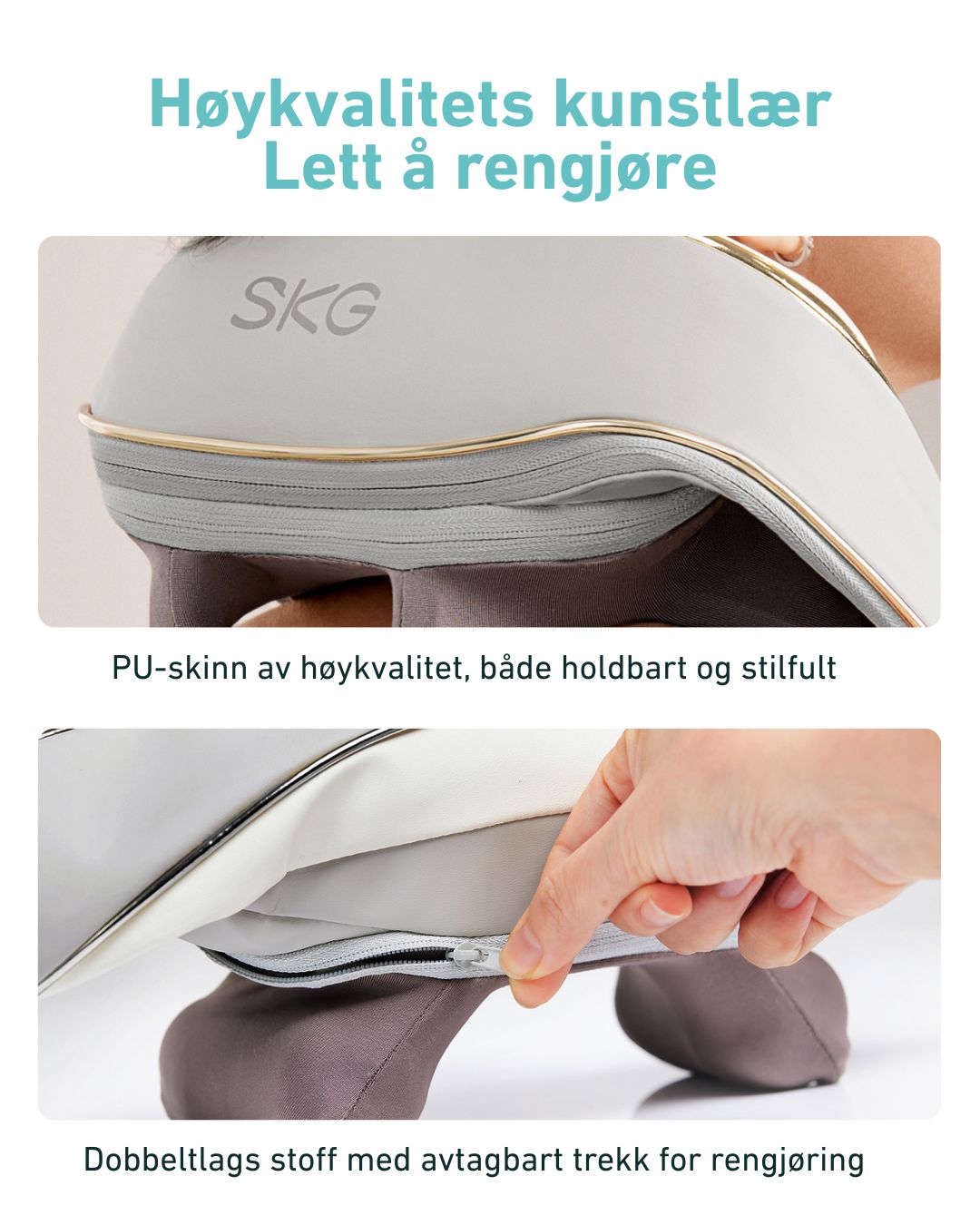 SKG H5 massasjeapparat med slitesterkt PU-skinn og avtagbart trekk – lett å rengjøre med dobbeltlags stoff for bedre hygiene og holdbarhet.
