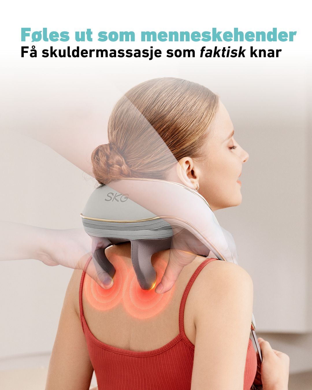 SKG H5 massasjeapparat med varme og 3D-knading som etterligner menneskehender for en dyp, ektefølt skuldermassasje hjemme.
