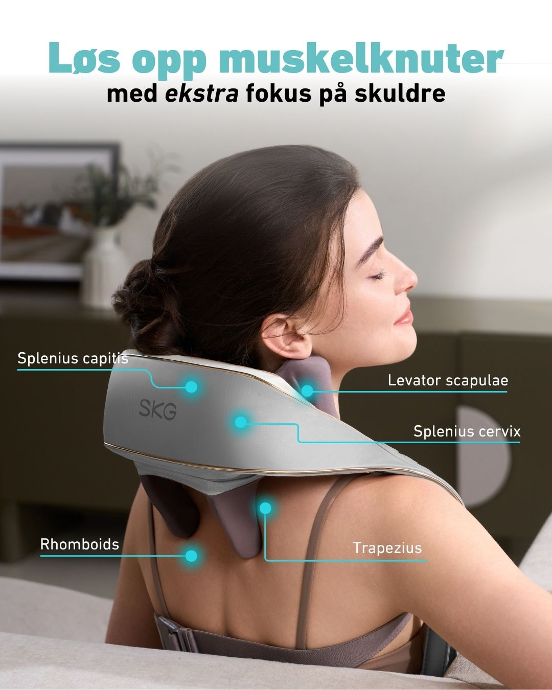 SKG H5 massasjeapparat løsner muskelknuter med fokus på skuldre og nakke – målrettet massasje av trapezius, rhomboids og splenius-muskler.