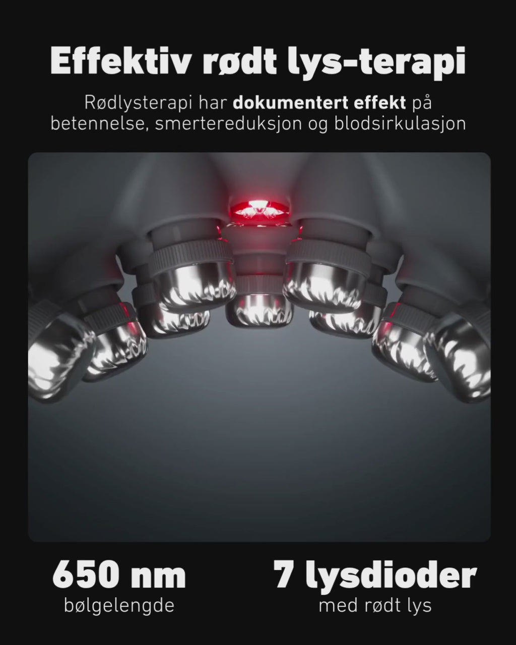 Nærbilde av SKG G7 Pro Fold massasjeapparat som viser 7 røde lysdioder med 650 nm bølgelengde for effektiv rødt lys-terapi. Illustrerer dokumentert effekt på betennelse, smertelindring og blodsirkulasjon.