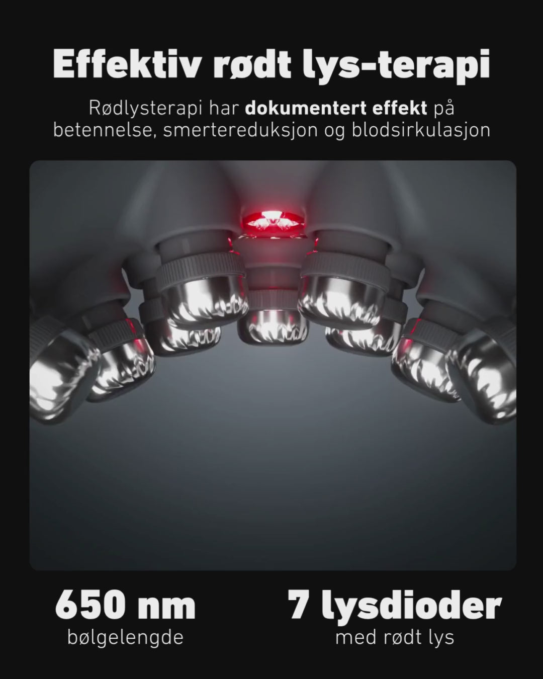 Nærbilde av SKG G7 Pro Fold massasjeapparat som viser 7 røde lysdioder med 650 nm bølgelengde for effektiv rødt lys-terapi. Illustrerer dokumentert effekt på betennelse, smertelindring og blodsirkulasjon.
