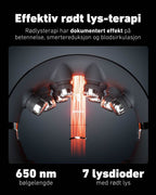Nærbilde av SKG G7 Pro Fold massasjeapparat som viser 7 røde lysdioder med 650 nm bølgelengde for effektiv rødt lys-terapi. Illustrerer dokumentert effekt på betennelse, smertelindring og blodsirkulasjon.