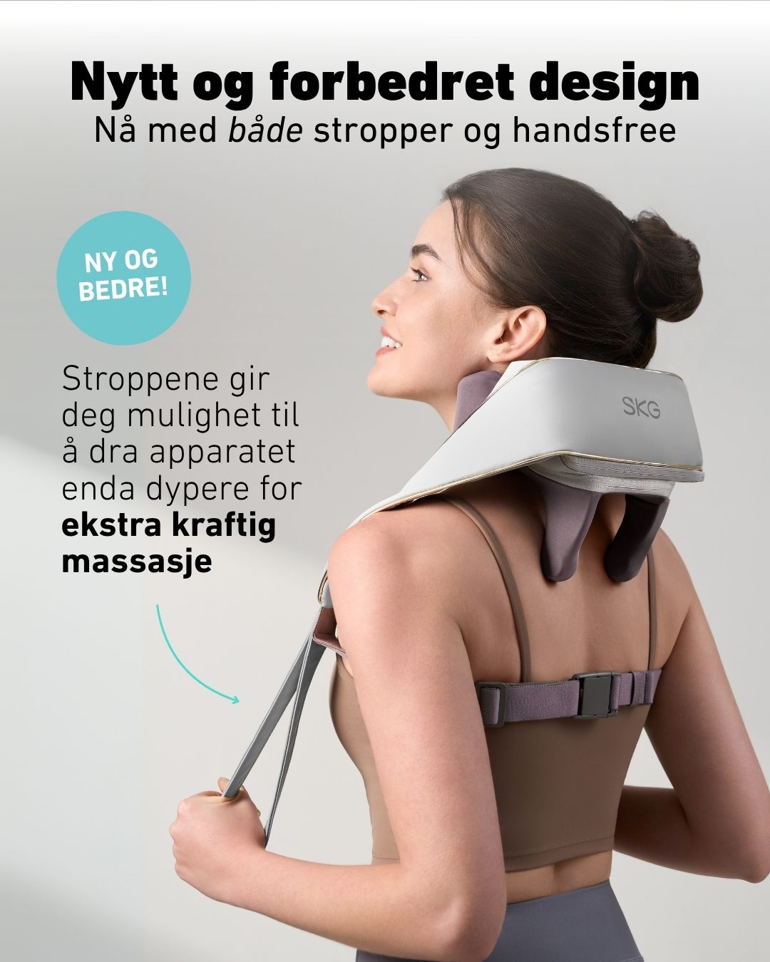 SKG H5 massasjeapparat med nytt design – kombinerer handsfree-feste og stropper for ekstra kraftig massasje med dypere trykk i musklene.