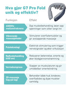 Tabell som forklarer funksjonene og effektene til SKG G7 Pro Fold massasjeapparat. Viser 6000Hz mellomfrekvens, vibrerende massasjehoder, pulsteknologi, rødt lys-behandling (650 nm), varmekompress og 3D-massasje som behandler både overfladiske og dype muskler.