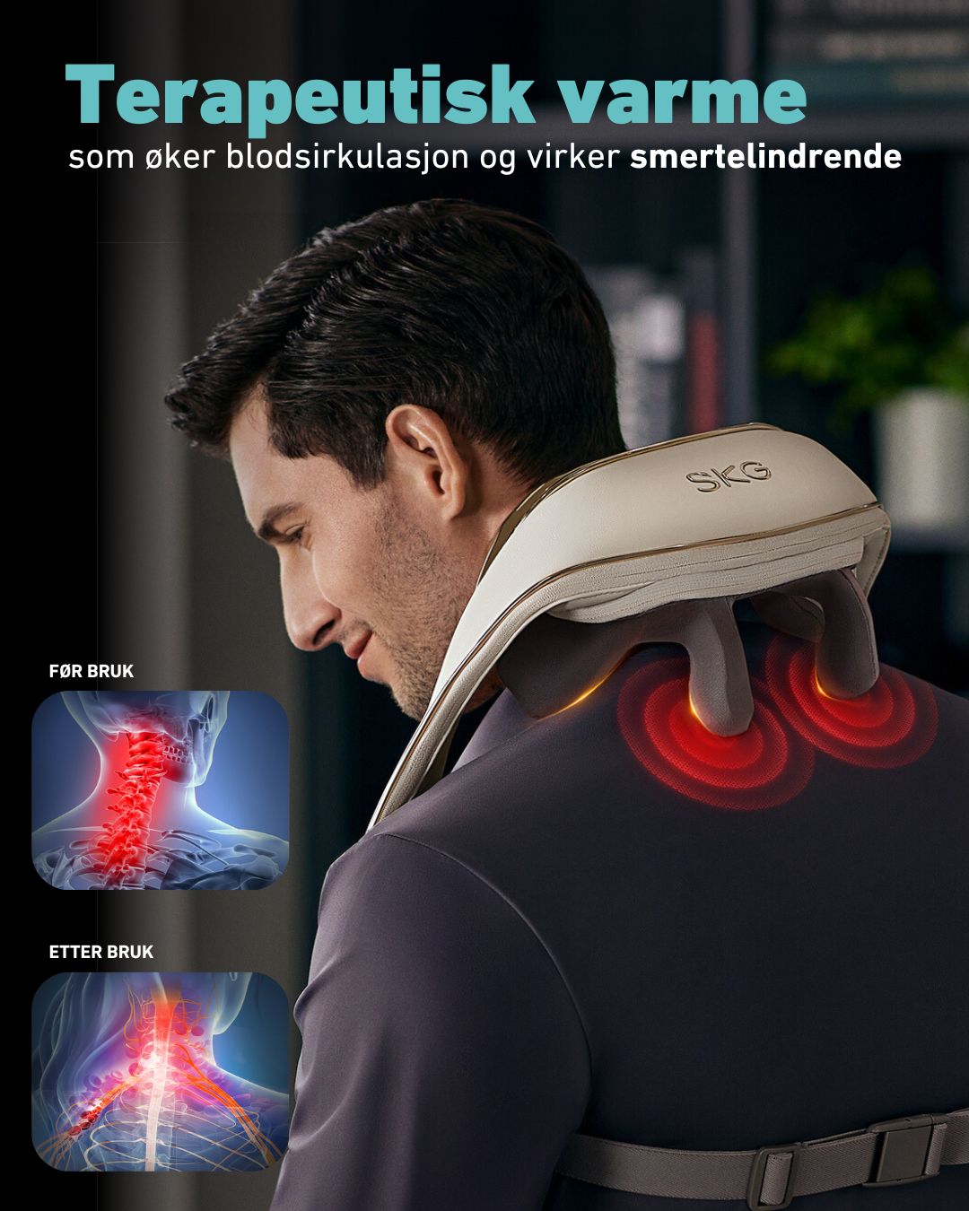 SKG H5 massasjeapparat med varme som øker blodsirkulasjon og lindrer smerter i nakke og skuldre – før- og etter-bilder illustrerer effekt.